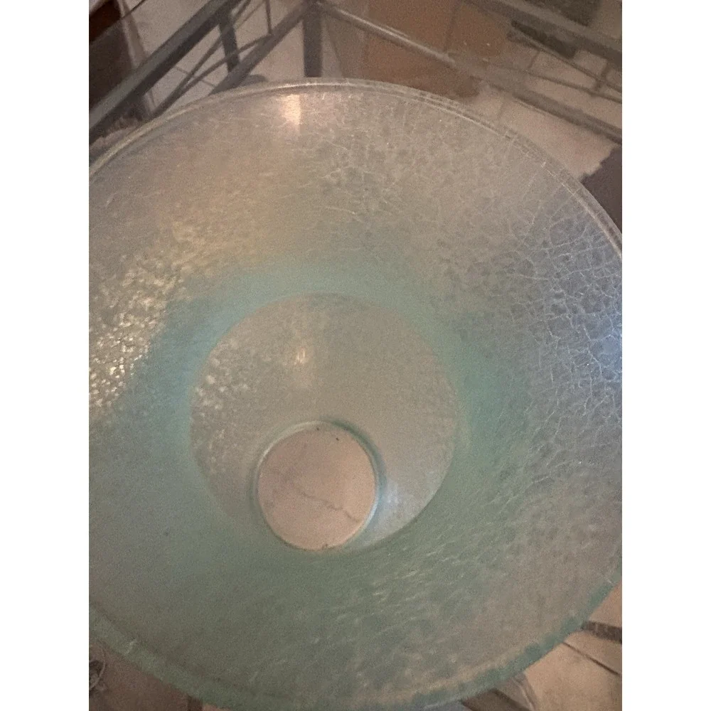 VTG Hand Blown Crackle Glass Vase Light Aqua Teal Flared Rim 11.5